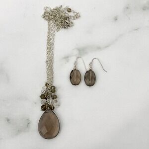 Silvertone Necklace & Earring Set Brown Faceted Teardrop Pendant 16–19"